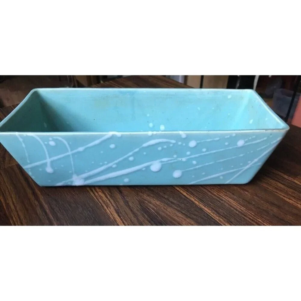 Vintage Rectangular Aqua Seafoam Splatter Cosmic Atomic Planter marked 447 USA